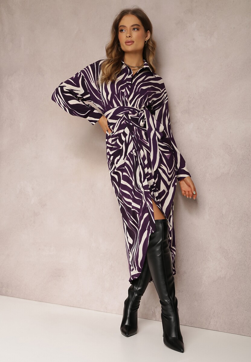Ciemnofioletowa Sukienka Koszulowa w Zebrę Maimuna
