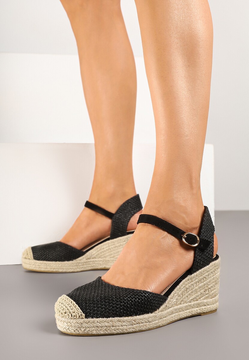Czarne Sandały Typu Espadryle na Koturnie z Plecionki Renaelle