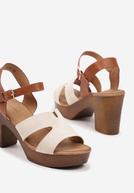 Beżowe Sandały na Grubej Podeszwie i Słupkowym Obcasie w Drewnianym Stylu Tinasura