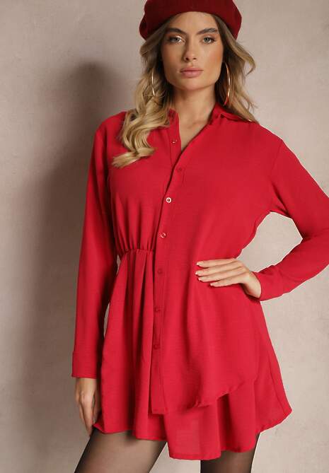 Czerwona Koszulowa Sukienka o Asymetrycznym Rozkloszowanym Kroju z Gumką w Talii Eloriana
