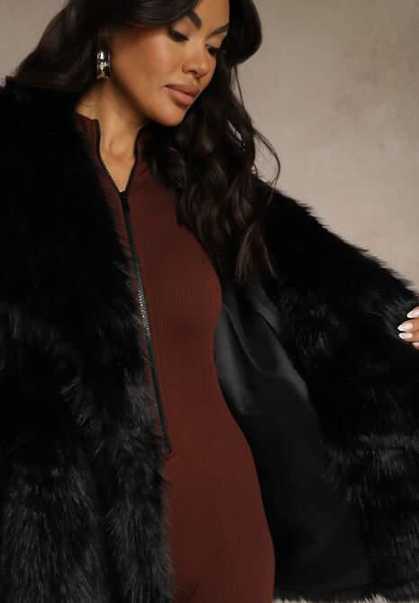 Czarna Dwurzędowa Kurtka Futerko Oversize Nenalla