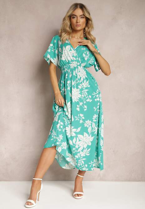 Jasnozielona Rozkloszowana Sukienka Kopertowa z Kwiatowym Wzorem Mareal