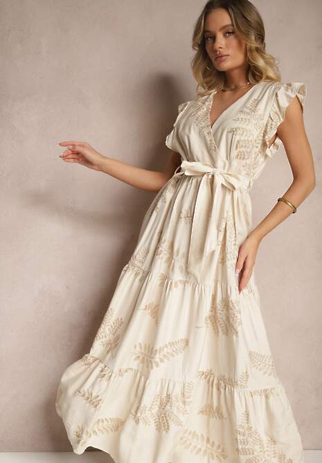 Beżowa Sukienka z Wiskozy z Ozdobnym Haftem i Metaliczną Nicią Grelvesa