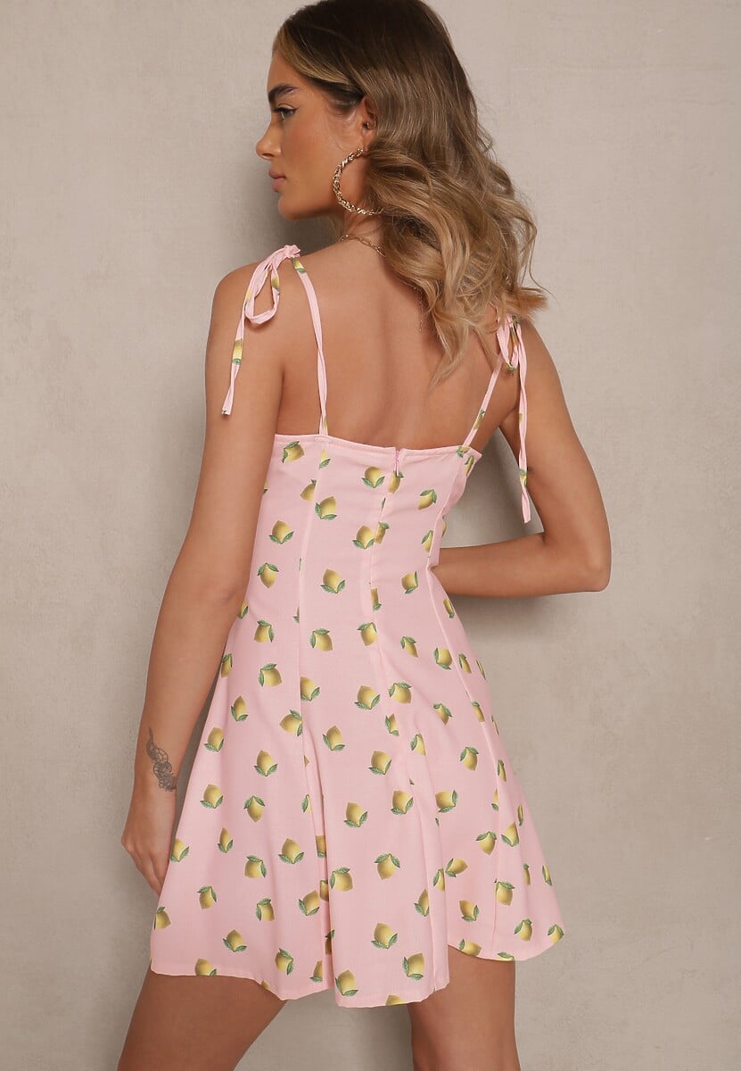 Różowa Sukienka na Cienkich Wiązanych Ramiączkach w Cytrynowy Print Efrinira