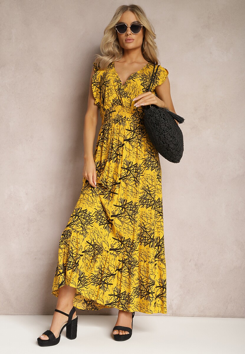 Żółta Rozkloszowana Sukienka z Wiskozy Maxi z Kopertowym Dekoltem Luksia
