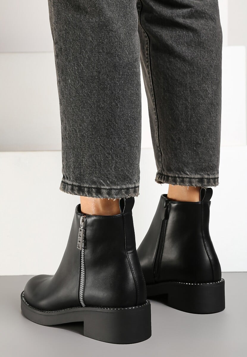 Czarne Płaskie Botki Ozdobione Cyrkoniami i Suwakiem Ravaline