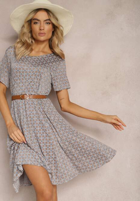 Niebiesko-Beżowa Sukienka Mini z Wiskozy z Rozkloszowanym Dołem Lontassa