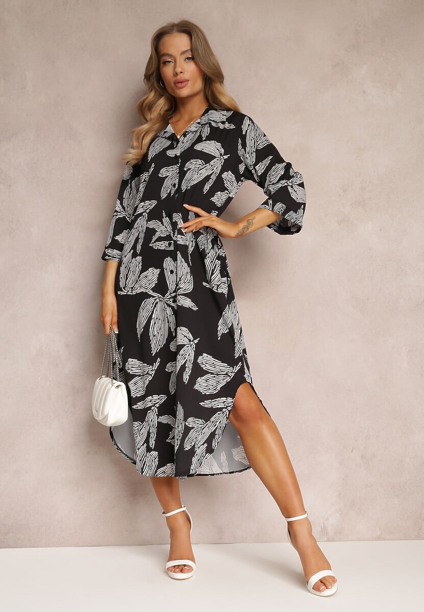 Czarna Sukienka Koszulowa w Kwiaty Siois