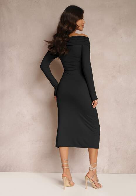 Czarna Marszczona Sukienka Midi Dopasowana Dolnas