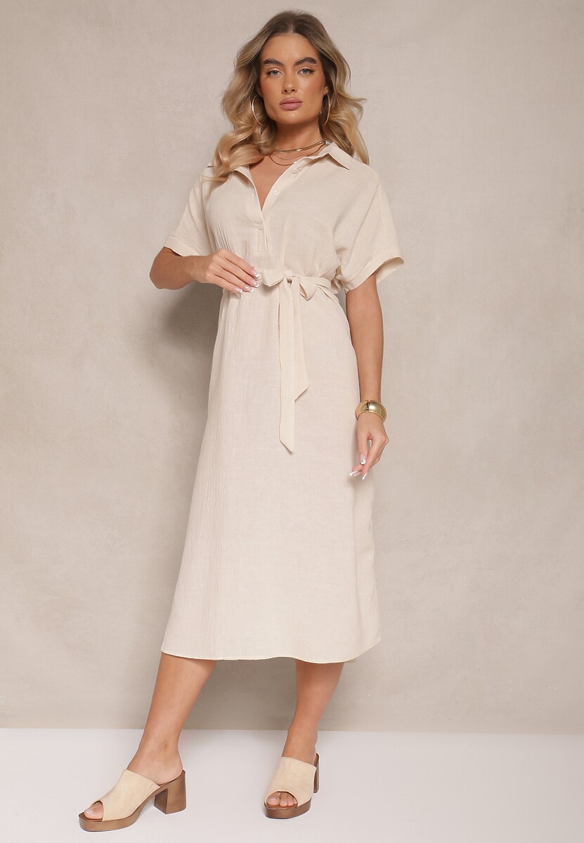 Beżowa Wiskozowa Sukienka Koszulowa z Wiązanym Paskiem w Talii Vanisti