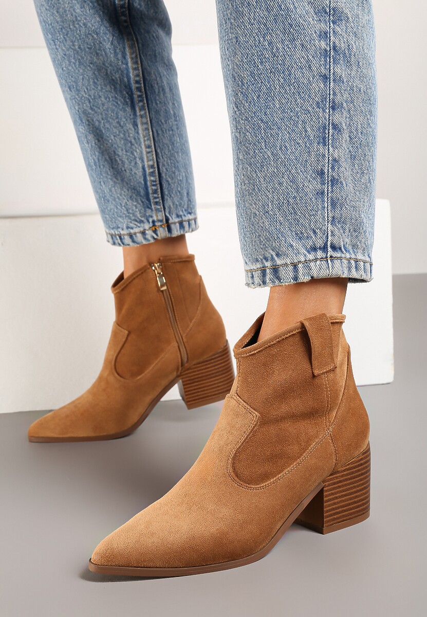 Ciemnobeżowe Botki Vices w Stylu Kowbojek na Obcasie Vertige