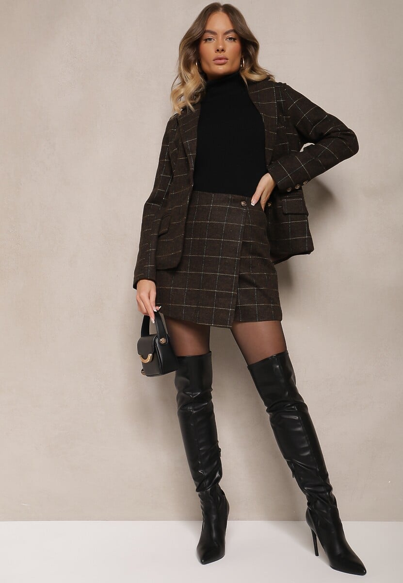 Szare Szorty Spódnica w Kratę z Zakładką Enallin