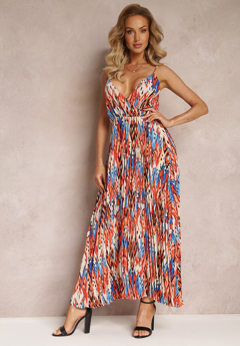 Czerwono-Niebieska Plisowana Sukienka Maxi z Gumką w Talii i Kopertowym Dekoltem Iralle
