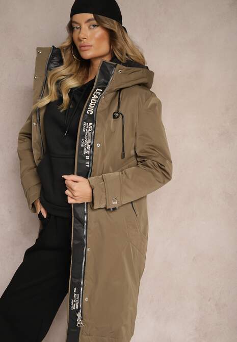 Ciemnozielona Kurtka Parka o Pudełkowym Kroju z Kapturem i Kieszeniami Kaionna