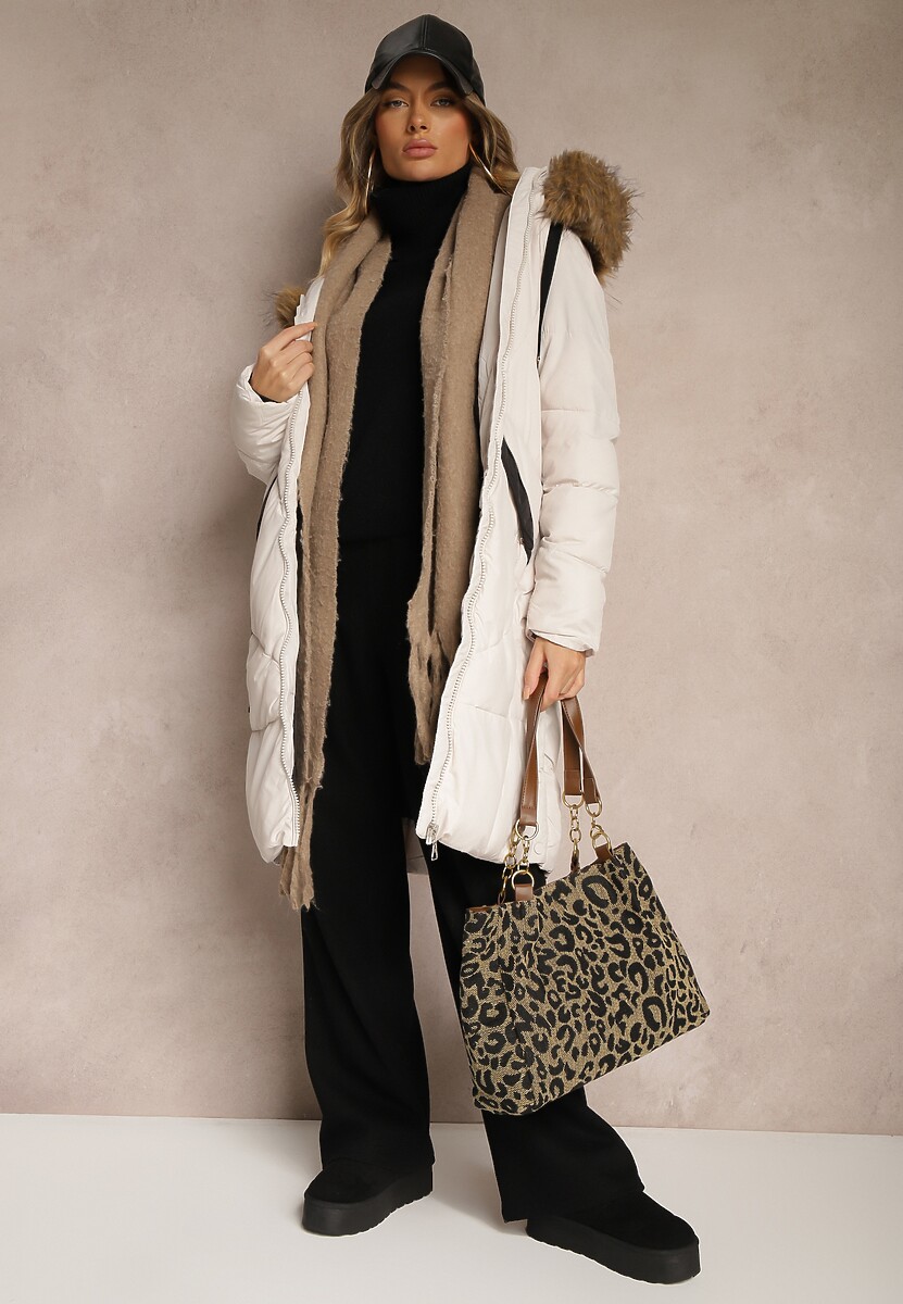 Jasnobeżowa Kurtka z Pikowanym Przeszyciem Odpinanym Futrem przy Kapturze i Napami u Dołu Zemirya