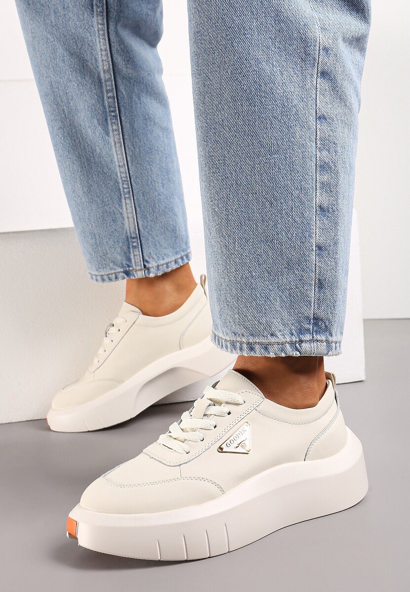 Beżowe Skórzane Sneakersy na Platformie z Niewielką Wstawką z Boku Renipa