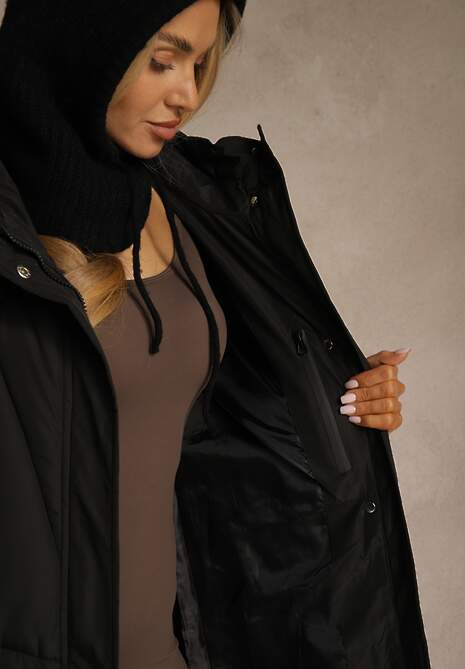 Czarna Pudełkowa Kurtka o Długim Kroju z Pikowanymi Przeszyciami Kapturem i Kieszeniami Calatta