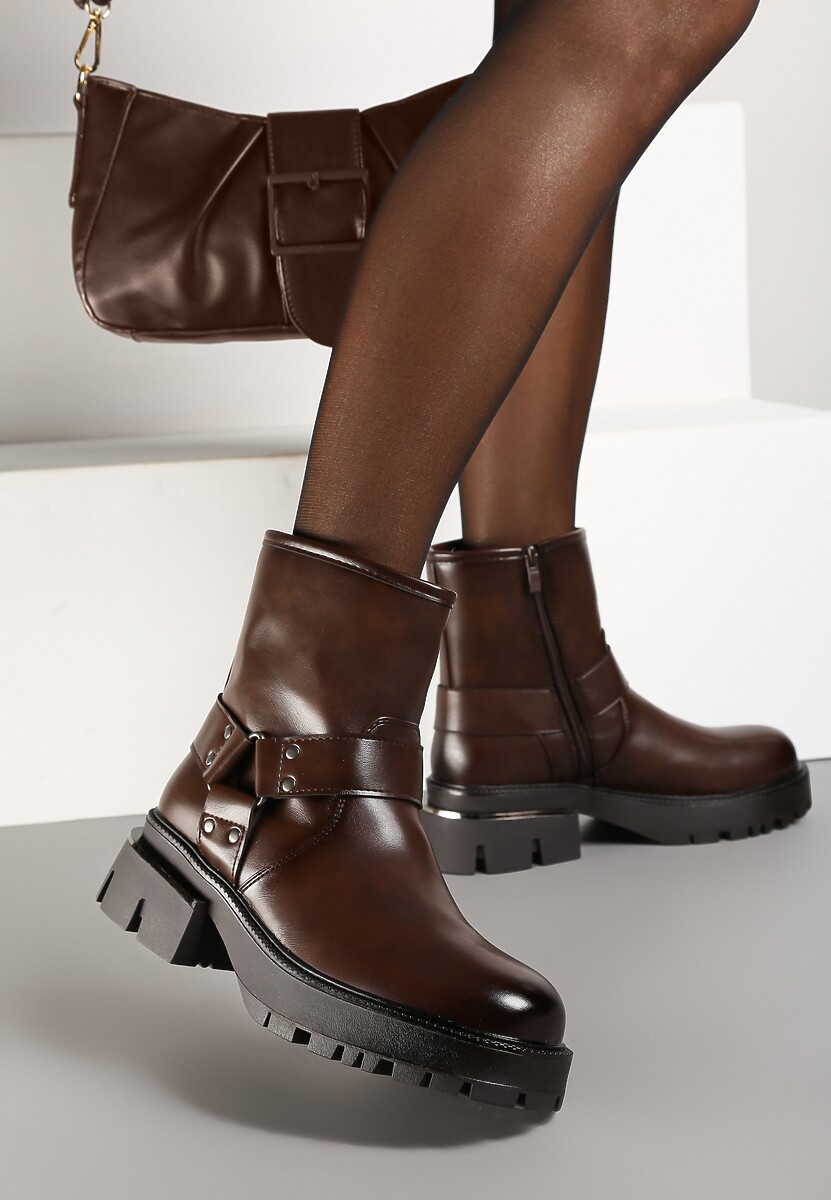 Brązowe Botki na Platformie w Stylu Bikerów Ozdobione Tłoczeniem i Klamrą Tineira