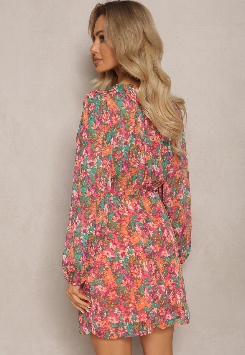 Różowo-Pomarańczowa Krótka Sukienka Kopertowa w Kwiatowy Wzór Ninora