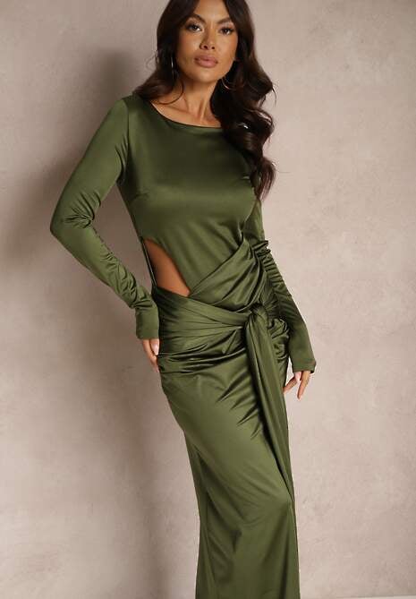 Zielona Koktajlowa Sukienka z Ozdobnym Wycięciem i Wiązaniem Vamicea