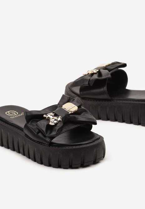 Czarne Płaskie Klapki z Ekoskóry z Kokardą i Metalową Ozdobą Zrinna