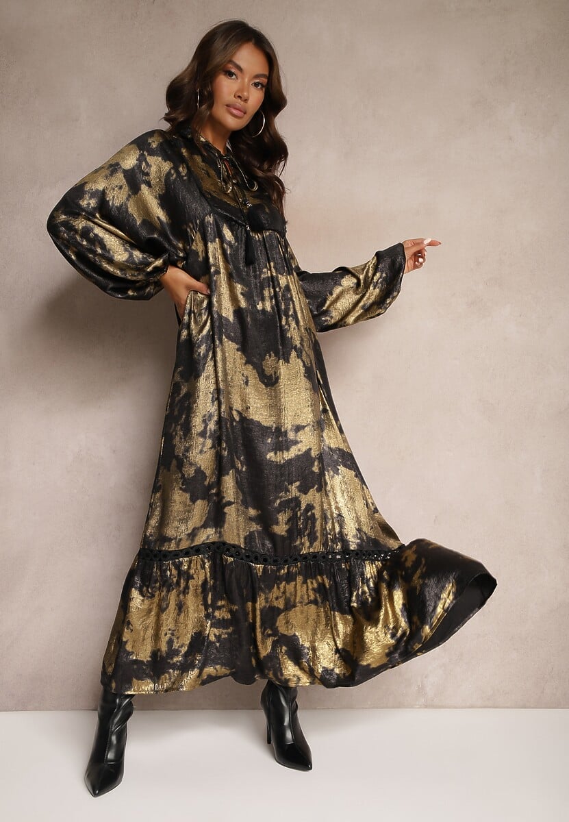 Srebrno-Czarna Sukienka Wiązana przy Dekolcie z Metaliczną Nitką o Pudełkowym Fasonie Rorirae