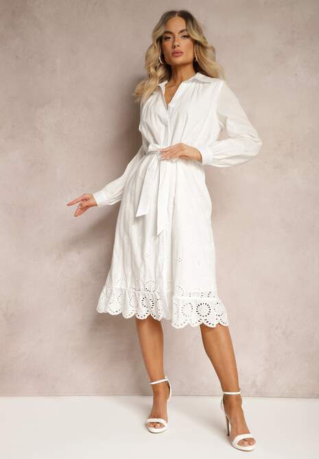 Biała Bawełniana Sukienka Koszulowa z Guzikami i Materiałowym Paskiem Wykończona Koronką Satala