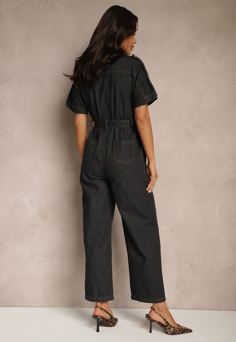 Czarny Denimowy Kombinezon z Bawełny z Materiałowym Paskiem w Talii i Szerokimi Nogawkami Yonadea