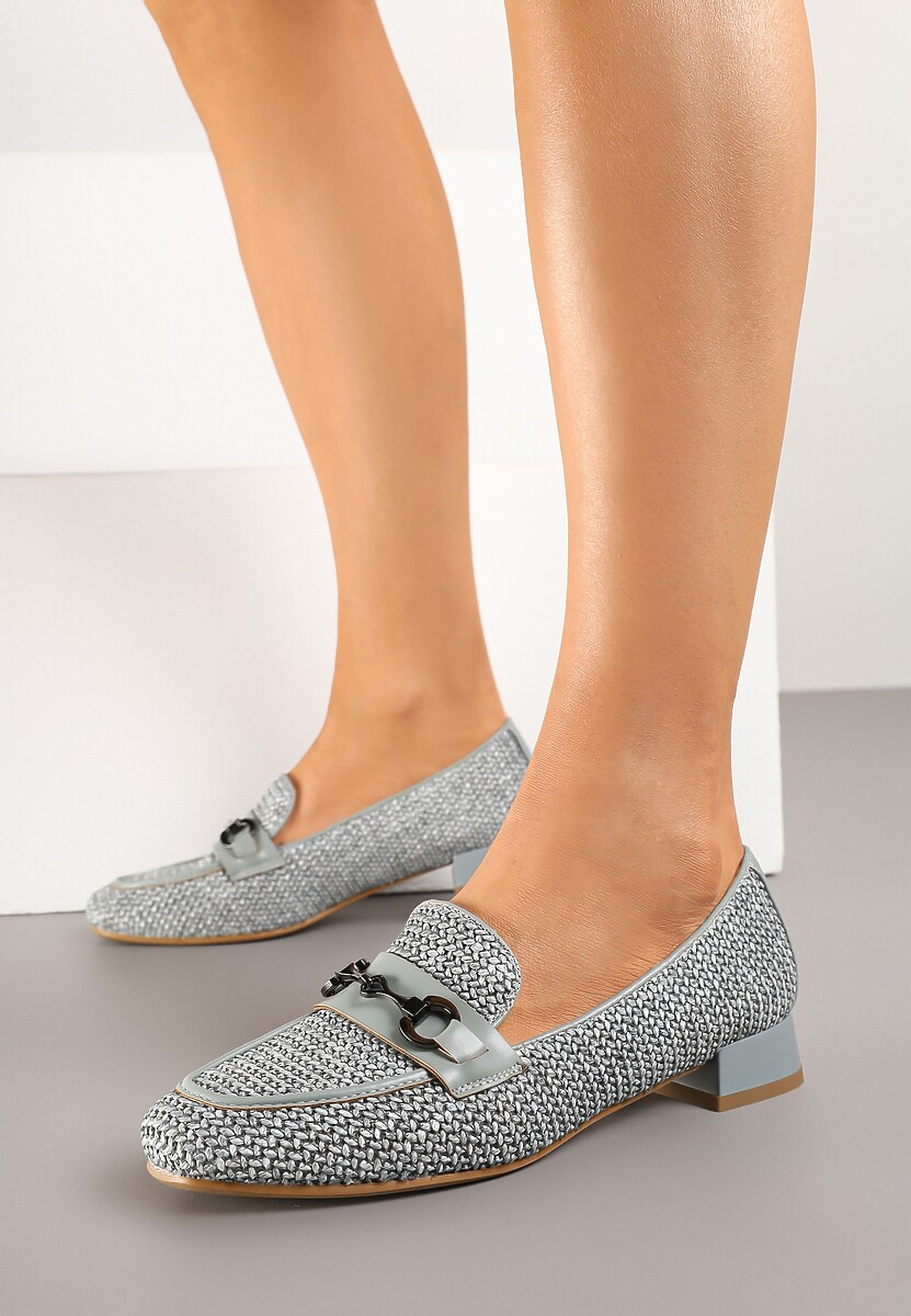 Szare Mokasyny z Wkładką ze Skóry Naturalnej Zdobione Plecionką i Aplikacją Falenitia