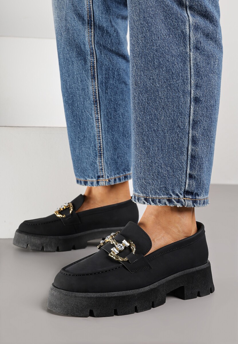 Czarne Mokasyny z Grubą Podeszwą w Kolorze Cholewki z Klamrą Rosarose