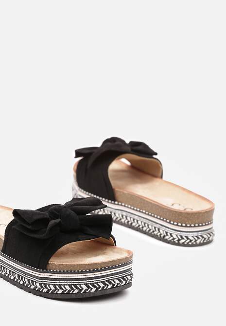 Czarne Casualowe Klapki na Płaskiej Ozdobnej Podeszwie z Kokardką Gladiara