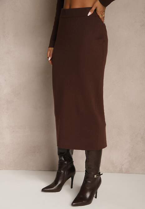 Brązowy Elegancki Komplet Garniturowy z Wiskozą Taliowana Marynarka i Spódnica Zaite