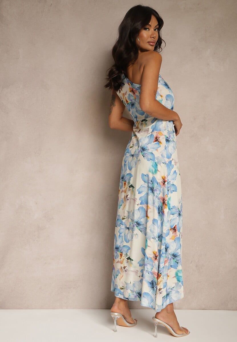 Niebieska Asymetryczna Sukienka z Wiskozy w Kwiaty Linive