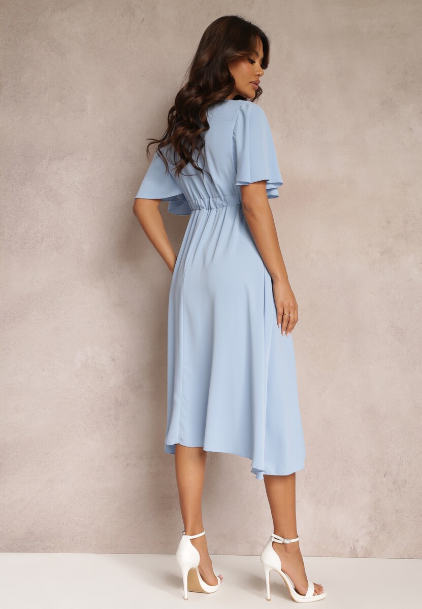 Niebieska Sukienka z Gumką w Talii Krótkim Rękawem i Kopertowym Dekoltem Kelila