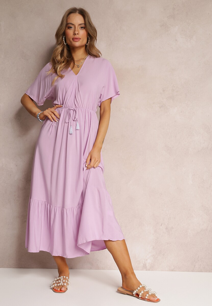 Fuksjowa Wiskozowa Sukienka Maxi z Troczkiem z Frędzlami i Gumką w Pasie Tresis