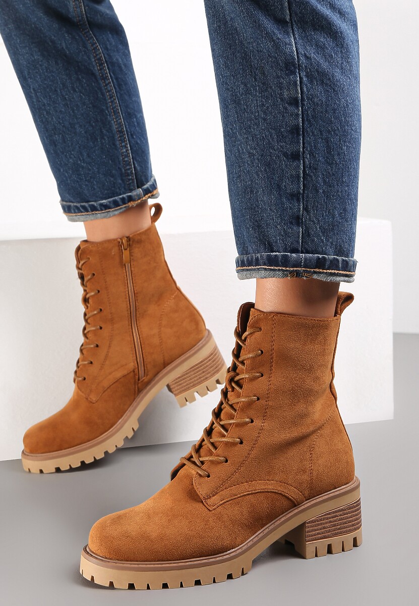 Brązowe Botki ze Sznurowaniem Ditra