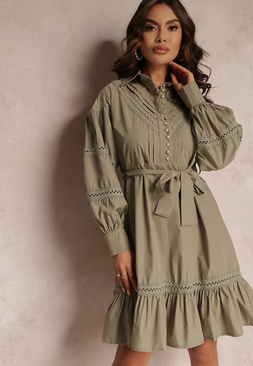 Ciemnozielona Koszulowa Sukienka z Perłowymi Guzikami i Koronkowymi Wstawkami Shyanne