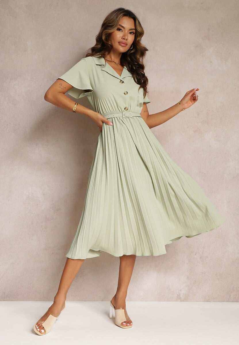 Zielona Retro Sukienka Midi z Plisowaniem i Paskiem na Klamrę Elinerise