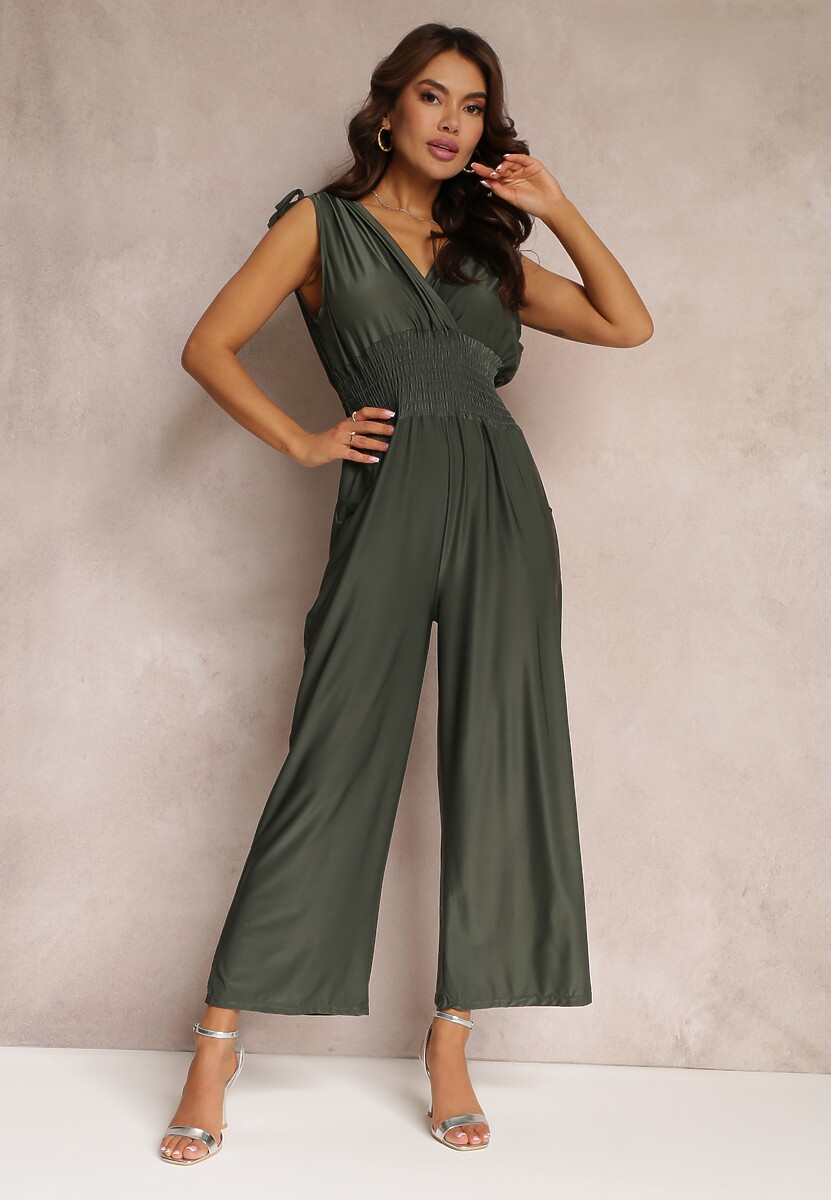 Ciemnozielony Kombinezon z Szerokimi Nogawkami i Gumkami w Talii Adriannae