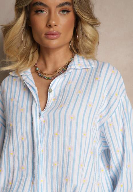 Niebieska Koszula z Bawełny w Prążki Zdobiona Kwiatowym Wzorem Apiola