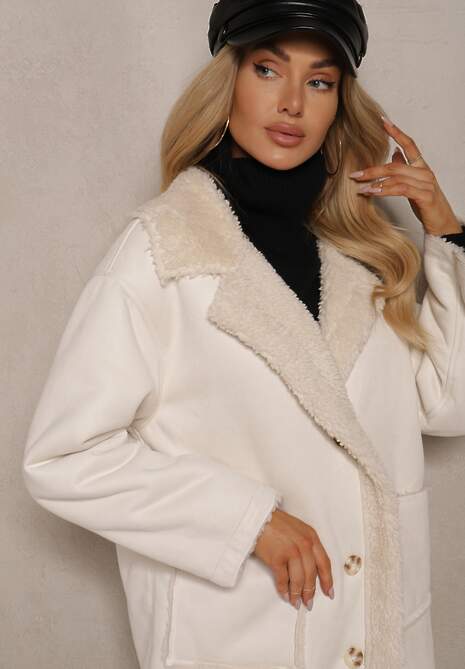 Jasnobeżowy Jednorzędowy Płaszcz Futerko z Imitacji Zamszu z Kieszeniami Etanielis