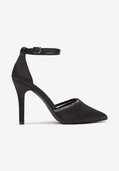 Czarne Satynowe Szpilki Vices z Wkładką ze Skóry Naturalnej i Ozdobnym Cyrkoniowym Paskiem Lizzeth