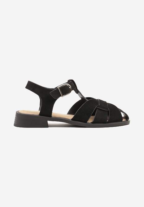 Czarne Sandały z Ekozamszu z Ozdobnymi Paskami i Zakrytym Noskiem Sorania