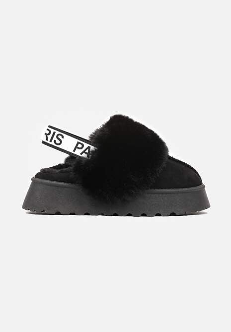 Czarne Kapcie na Platformie Ozdobione Futerkiem i z Gumką Przy Pięcie Titanra