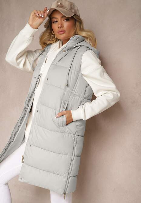 Zielona Kamizelka Pikowana z Kapturem Ozdobiona Sznurkami Eleandra