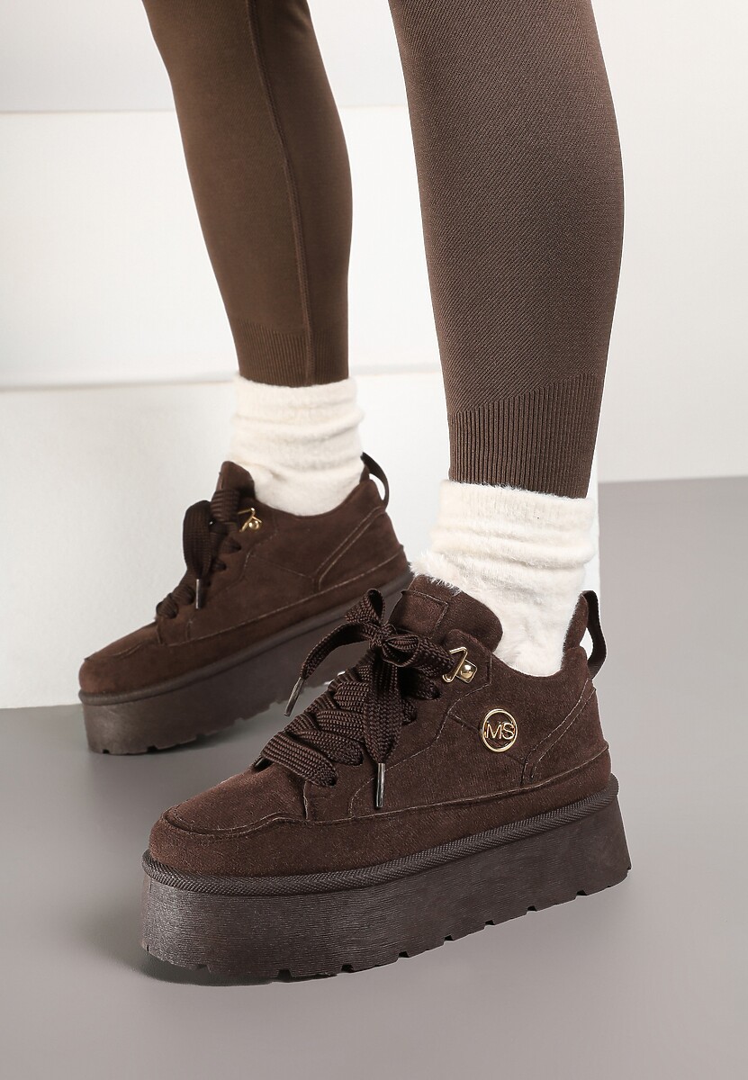 Brązowe Sneakersy z Ekozamszu na Grubej Podeszwie Wyściełane Futerkiem Senavel