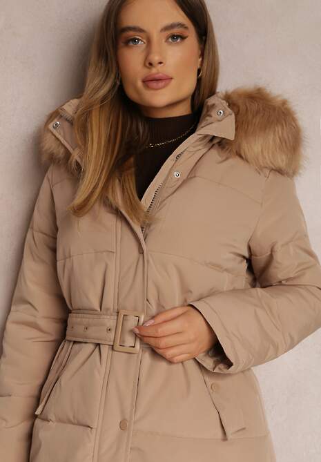 Ciemnobeżowa Kurtka Długa z Paskiem i Kapturem Pikowana Nilme
