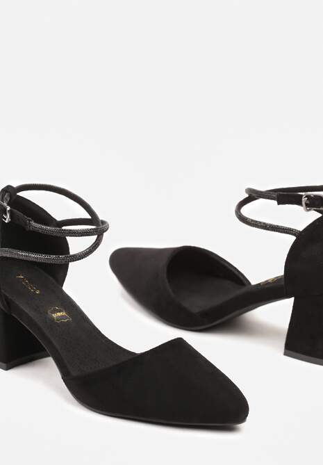 Czarne Czółenka Vices na Słupku z Wkładką ze Skóry Naturalnej i Paskami z Cyrkoniami Riastella