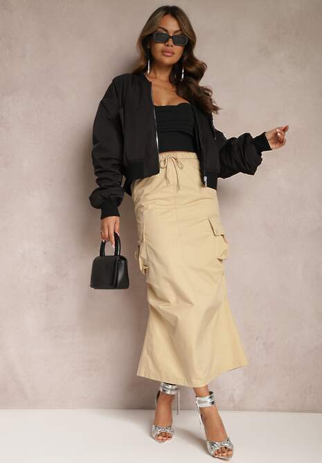 Beżowa Marszczona Spódnica Midi w Stylu Cargo z Gumką w Talii Gacieam