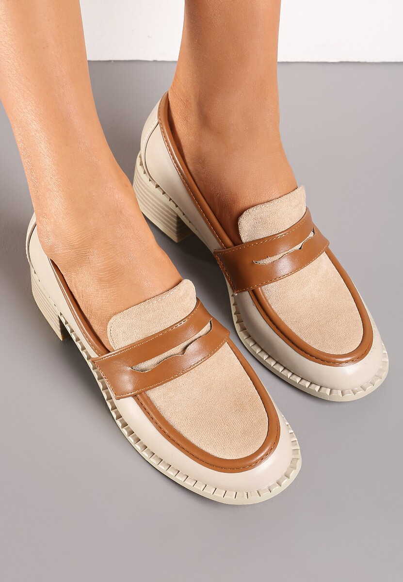 Beżowe Wsuwane Mokasyny z Płaskim Obcasem i Paskiem z Przodu Mauvela